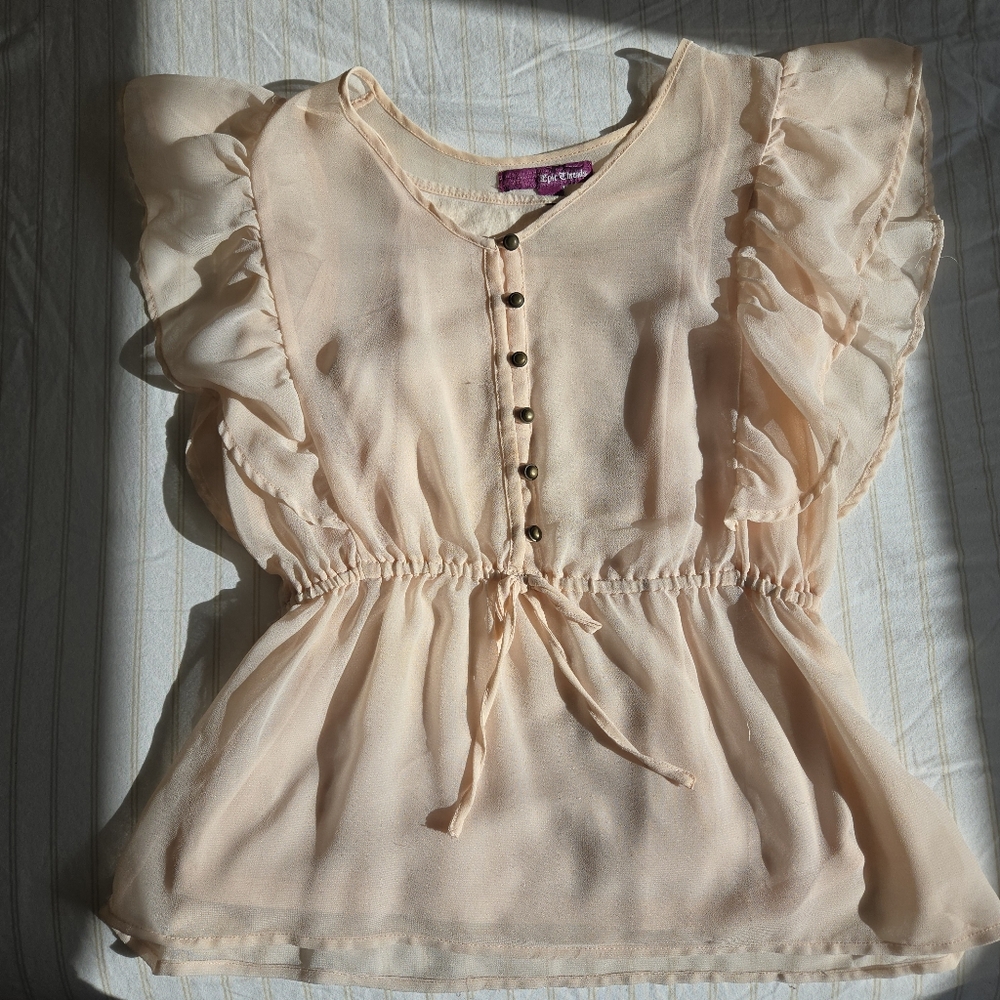 Women's Light Peach Peplum XS Sheer Ruffle sleeves blouse button tie front